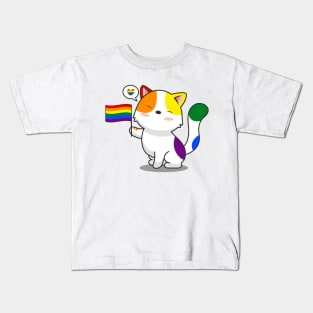 Cute Cat Holding LGBTQ+ Pride Flag Kids T-Shirt